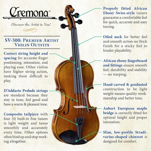 Cremona SV-500 1/4 Artist Violin Bundle – Setup and Ready to Play with Lightweight Case and Accessories Included – Select Solid Tonewoods and Ebony Fittings for Exceptional Tone and Playability in Kuwait