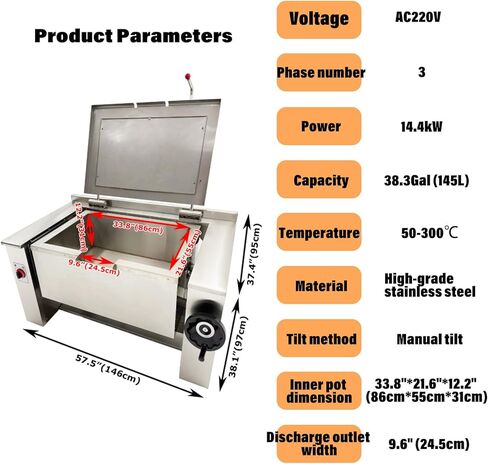 Commercial Electric Skillet 38.3gal Electric Tilting Braising Pan, 0-90° Tiltable Pot Design, 122-572°F Temp, Ideal for Stir-frying, Braising, Soup Boiling, and Simmering AC220V in Kuwait