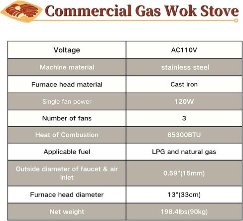 Commercial Gas Wok Stove Chinese Wok Range Burner Heavy-duty Liquefied and Natural Gas Stove Cooker 13" Stainless Steel Construction 85300BTU 110V in Kuwait