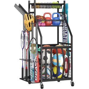 Sports Equipment Garage Organizer,Garage Ball Storage Rack with Elastic Straps,Small Rolling Ball Holder Cart with Wheels for Sports Gear,Indoor/Outdoor Toy Storage with Hooks and Baskets,BK in Kuwait