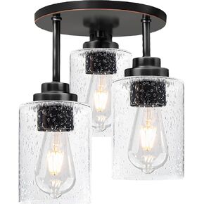 hykolity 3-light مصباح سقف شبه متساطح، 9 بوصة برونز مطلي بالزيت بالقرب من تركيبات إضاءة السقف مع ظلال زجاجية مصنفة، إضاءة سقف حديثة للمطبخ، غرفة النوم، المدخل، مدرج في قائمة ETL in Kuwait