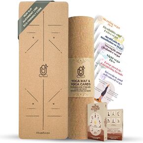 Natural Cork Yoga Mat with Alignment Lines and 55 Instructional Cards in 7 Themes for Beginner - Non-Slip Eco Friendly - 183x66x5mm for Home Workouts, Balance & Precision in Saudi Arabia