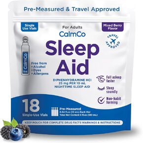 قارورة المساعدة على النوم للبالغين من كالمكو - مساعدة النوم أثناء الليل مع ديفينهيدرامين حمض الهيدروكلوريك 25 مجم، مساعد نوم سائل غير معتاد للبالغين، تساعدك على النوم بسرعة من أجل نوم أفضل، نكهة التوت المختلطة، 18 قطعة in Kuwait