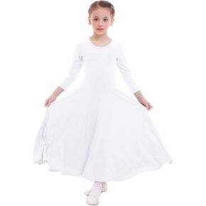 فستان ZX Girl بأكمام طويلة لرقص الثناء بطول كامل وواسع وعريض وملابس رقص غنائية للعبادة الليتورجية، أبيض، 5-6 سنوات in Kuwait
