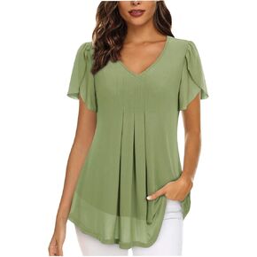 Ruffle Hem Tops for Womens V Neck Short Sleeve Loose Fit Casual Shirts Flowy Trendy Summer Babydoll Tunic Outfits in Saudi Arabia