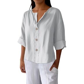 Womens Cotton Linen Tops Button Down V Neck 3/4 Length Sleeve Loose Fit Shirts Casual Blouses for Vacation Office in Saudi Arabia