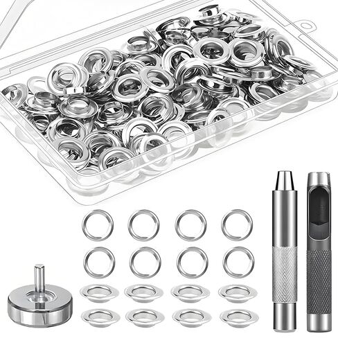 1/4 Inch Grommet Tool Kit 100 Sets - Grommet Eyelets Kit with Punch, Metal Grommets in Silver for Fabric, Leather, Canvas in Kuwait