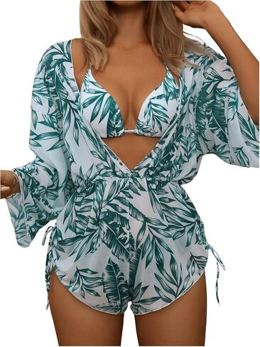 SHENHE Women's 3 Piece Bikini Swimsuit Halter Drawstring Bathing Suit with Cover Up in Kuwait