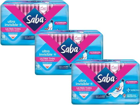 SABA Ultra Invisible Ultra Thin Regular Pads with Wings, SecureFit Technology, 3-Pack of 18 Pads (54 Count) in Kuwait