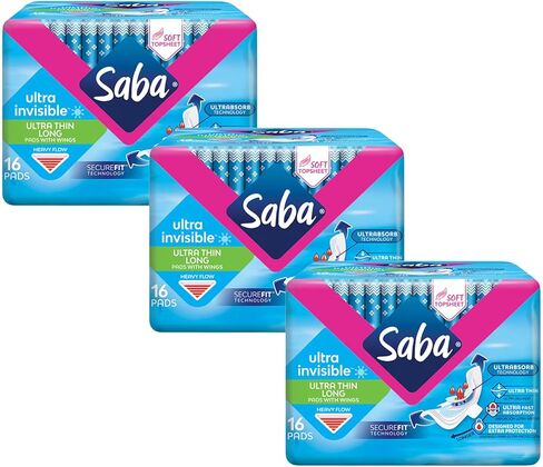 SABA Ultra Invisible Ultra Thin Regular Pads with Wings, SecureFit Technology, 3-Pack of 18 Pads (54 Count) in Saudi Arabia