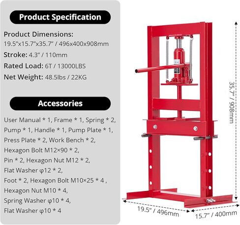 Garvee Red 6 T Powerful Hydraulic Shop Press for Car Repair - Adjustable H-Frame Design, Versatile Benchtop Use, Adjustable Working Table Height, Heavy Duty Construction, and Easy Operation. in Saudi Arabia