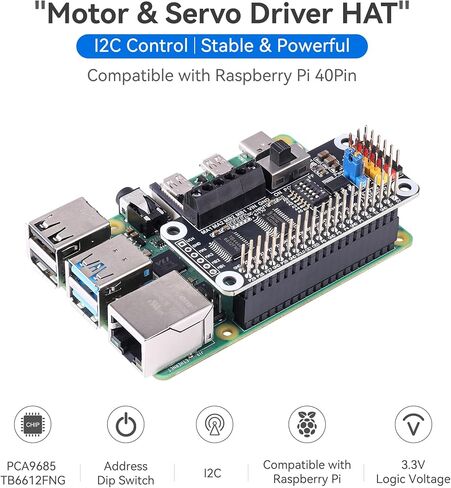 Motor & Servo Driver HAT for Raspberry Pi 40-Pin Header, PCA9685 16-Channel 12-bit PWM + TB6612FNG Dual DC Motor Driver, Drives 2 DC Motors & 6 Servos, I2C Control, 6-12V VIN in Kuwait