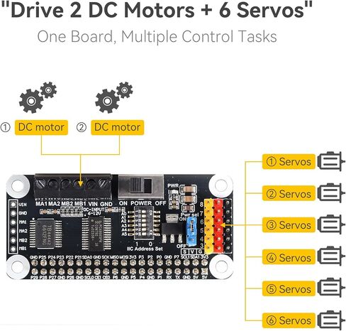 Motor & Servo Driver HAT for Raspberry Pi 40-Pin Header, PCA9685 16-Channel 12-bit PWM + TB6612FNG Dual DC Motor Driver, Drives 2 DC Motors & 6 Servos, I2C Control, 6-12V VIN in Kuwait