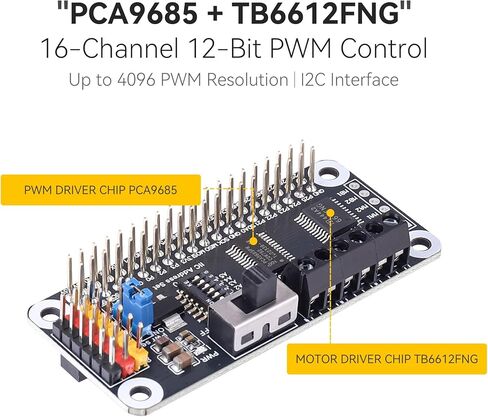 Motor & Servo Driver HAT for Raspberry Pi 40-Pin Header, PCA9685 16-Channel 12-bit PWM + TB6612FNG Dual DC Motor Driver, Drives 2 DC Motors & 6 Servos, I2C Control, 6-12V VIN in Kuwait