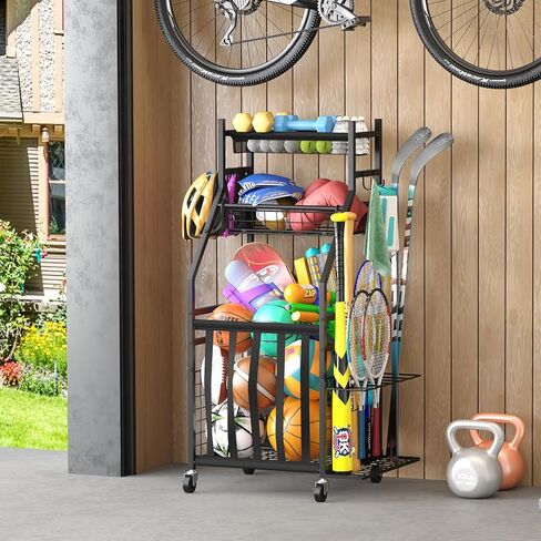 منظم جراج المعدات الرياضية، رف تخزين كرات المرآب مع أشرطة مرنة، عربة حامل كرة دوارة صغيرة مع عجلات للمعدات الرياضية، تخزين الألعاب في الأماكن المغلقة/الخارجية مع خطافات وسلال، BK in Kuwait