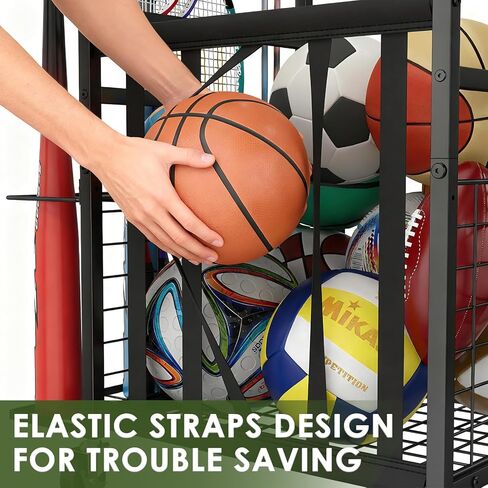 منظم جراج المعدات الرياضية، رف تخزين كرات المرآب مع أشرطة مرنة، عربة حامل كرة دوارة صغيرة مع عجلات للمعدات الرياضية، تخزين الألعاب في الأماكن المغلقة/الخارجية مع خطافات وسلال، BK in Kuwait