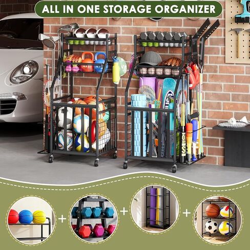 منظم جراج المعدات الرياضية، رف تخزين كرات المرآب مع أشرطة مرنة، عربة حامل كرة دوارة صغيرة مع عجلات للمعدات الرياضية، تخزين الألعاب في الأماكن المغلقة/الخارجية مع خطافات وسلال، BK in Kuwait
