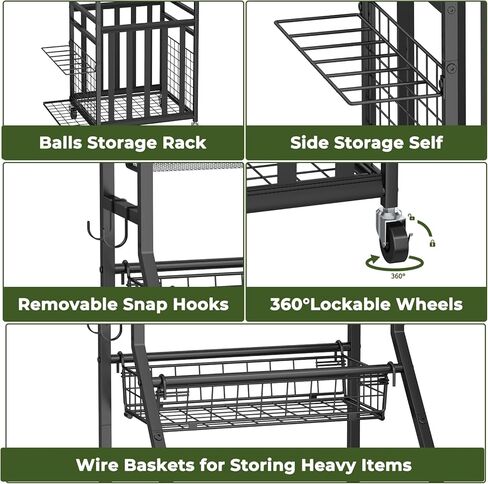 منظم جراج المعدات الرياضية، رف تخزين كرات المرآب مع أشرطة مرنة، عربة حامل كرة دوارة صغيرة مع عجلات للمعدات الرياضية، تخزين الألعاب في الأماكن المغلقة/الخارجية مع خطافات وسلال، BK in Kuwait