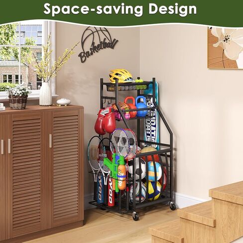 منظم جراج المعدات الرياضية، رف تخزين كرات المرآب مع أشرطة مرنة، عربة حامل كرة دوارة صغيرة مع عجلات للمعدات الرياضية، تخزين الألعاب في الأماكن المغلقة/الخارجية مع خطافات وسلال، BK in Kuwait