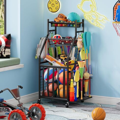 منظم جراج المعدات الرياضية، رف تخزين كرات المرآب مع أشرطة مرنة، عربة حامل كرة دوارة صغيرة مع عجلات للمعدات الرياضية، تخزين الألعاب في الأماكن المغلقة/الخارجية مع خطافات وسلال، BK in Kuwait