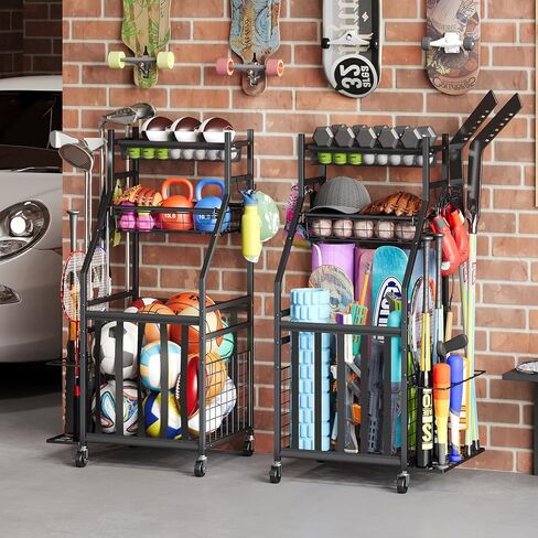 منظم جراج المعدات الرياضية، رف تخزين كرات المرآب مع أشرطة مرنة، عربة حامل كرة دوارة صغيرة مع عجلات للمعدات الرياضية، تخزين الألعاب في الأماكن المغلقة/الخارجية مع خطافات وسلال، BK in Kuwait