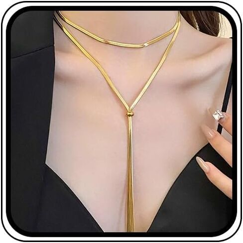 Layered Gold Statement Necklaces for Women 14K Gold Long Triangle Round Beads Y Necklace Gift Vintage Snake Chain Layering Choker Jewelry Accessories in Kuwait