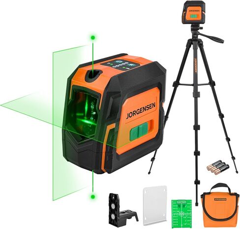 JORGENSEN Laser Level with Tripod & 2 Plumb Dots, 100 FT Self Leveling Point Cross Line Laser Leveler Tool, Wide Angle Green Laser Level for Picture Hanging, Indoor Project, Construction, Carry Bag in Kuwait