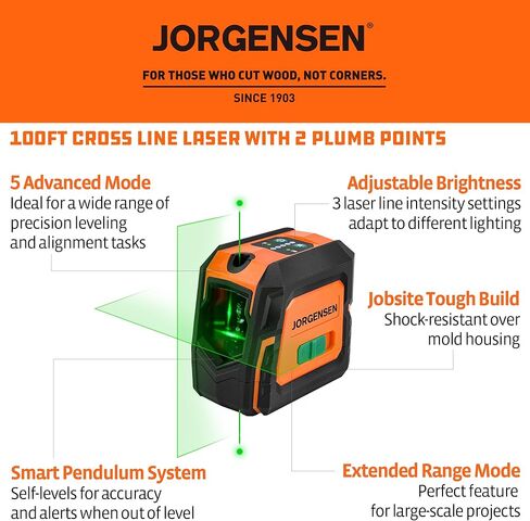 JORGENSEN Laser Level with Tripod & 2 Plumb Dots, 100 FT Self Leveling Point Cross Line Laser Leveler Tool, Wide Angle Green Laser Level for Picture Hanging, Indoor Project, Construction, Carry Bag in Kuwait