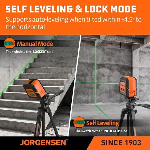 JORGENSEN Laser Level with Tripod & 2 Plumb Dots, 100 FT Self Leveling Point Cross Line Laser Leveler Tool, Wide Angle Green Laser Level for Picture Hanging, Indoor Project, Construction, Carry Bag in Kuwait