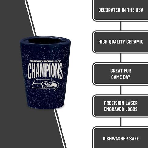 ريكو إندستريز NFL Football Seattle Seahawks 2026 Super Bowl LX Champions 2oz زجاج سيراميك للجماهير، محفور بالليزر في زجاج طلقة واحد بلون الفريق in Saudi Arabia