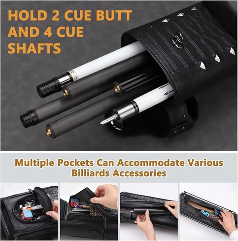 2x4 Pool Cue Case with Stand, Faux Leather Billiard Cue Stick Case Premium Hard Pool Stick Cases with Rivet Decor, Accessories Pocket and Shoulder Straps, Holds 2 Butts and 4 Shafts in Kuwait