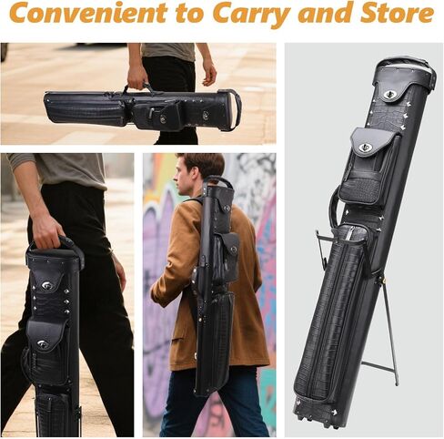 2x4 Pool Cue Case with Stand, Faux Leather Billiard Cue Stick Case Premium Hard Pool Stick Cases with Rivet Decor, Accessories Pocket and Shoulder Straps, Holds 2 Butts and 4 Shafts in Kuwait