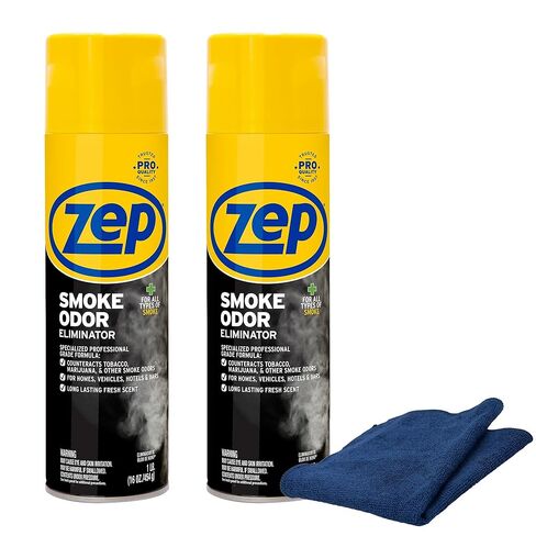 Zep Smoke Odor Eliminator 16 oz (2 Units) & a Blue Microfiber Rag ECBD031-2-Pack Aerosol that Removes the Smell of Smoke, Cigarettes, Cigars and Marijuana Paired with a Reusable Cloth for Cleaning in Saudi Arabia