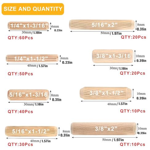 240Pcs Wood Dowels Kit 1/4 3/8 5/16 Inch Dowel Rods Pins with Tapered End with Bevel Angle Groove Wood Pegs for Repair Replacement Furniture Woodworking DIY Crafts in Saudi Arabia