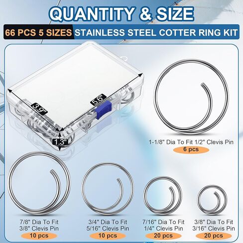 66 Pcs 5 Sizes Stainless Steel Cotter Ring Kit, Durable 316 Stainless Steel Split Rings Secure Popular Sizes of Clevis Pins, Corrosion Resistant Marine Hardware for Hitch Pin Lock Systems in Kuwait