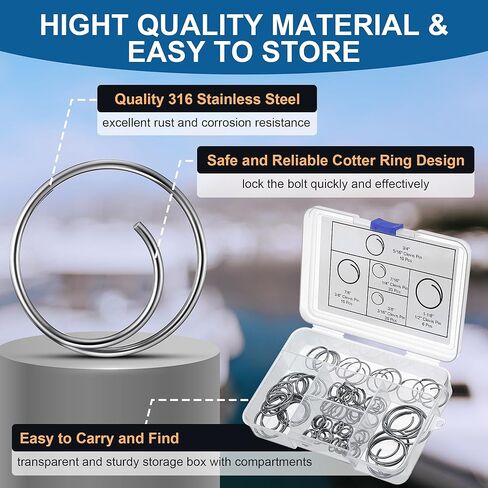 66 Pcs 5 Sizes Stainless Steel Cotter Ring Kit, Durable 316 Stainless Steel Split Rings Secure Popular Sizes of Clevis Pins, Corrosion Resistant Marine Hardware for Hitch Pin Lock Systems in Kuwait