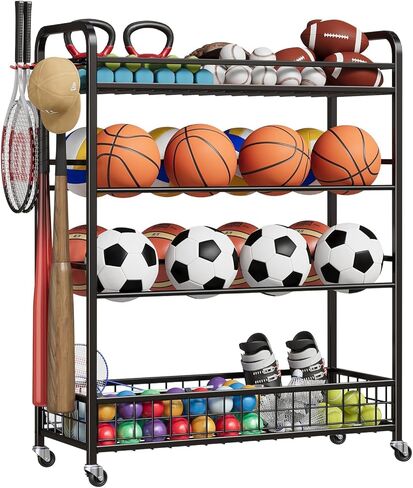 GarveeLife Garage Sports Equipment Organizer - Rolling Ball Storage Bin with Wheels, Garage Sports Gear Rack Outdoor Basketball Racks for Balls with Baseball Bat Holder and Hooks, Toy Organizer in Saudi Arabia