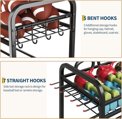 GarveeLife Garage Sports Equipment Organizer - Rolling Ball Storage Bin with Wheels, Garage Sports Gear Rack Outdoor Basketball Racks for Balls with Baseball Bat Holder and Hooks, Toy Organizer in Saudi Arabia