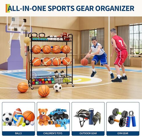 GarveeLife Garage Sports Equipment Organizer - Rolling Ball Storage Bin with Wheels, Garage Sports Gear Rack Outdoor Basketball Racks for Balls with Baseball Bat Holder and Hooks, Toy Organizer in Saudi Arabia