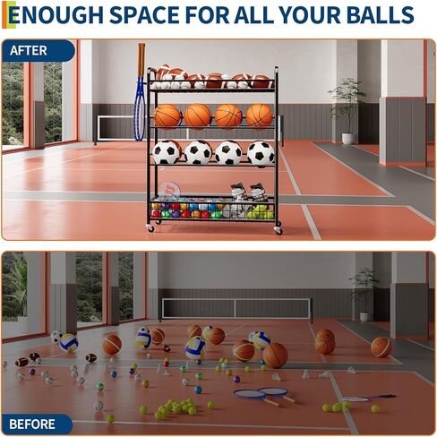 GarveeLife Garage Sports Equipment Organizer - Rolling Ball Storage Bin with Wheels, Garage Sports Gear Rack Outdoor Basketball Racks for Balls with Baseball Bat Holder and Hooks, Toy Organizer in Saudi Arabia