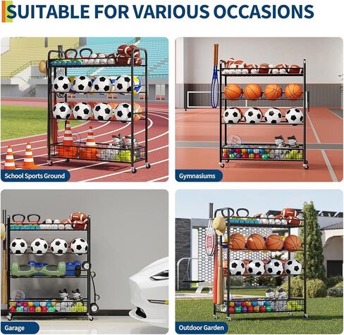 GarveeLife Garage Sports Equipment Organizer - Rolling Ball Storage Bin with Wheels, Garage Sports Gear Rack Outdoor Basketball Racks for Balls with Baseball Bat Holder and Hooks, Toy Organizer in Saudi Arabia