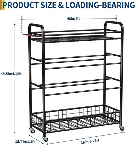 GarveeLife Garage Sports Equipment Organizer - Rolling Ball Storage Bin with Wheels, Garage Sports Gear Rack Outdoor Basketball Racks for Balls with Baseball Bat Holder and Hooks, Toy Organizer in Saudi Arabia