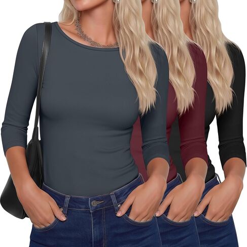 Ficerd 3 Pack Women's 3/4 Sleeve Boat Neck Cotton T Shirts Slim Fit Tight Basics Top Casual Comfy Tees in Kuwait
