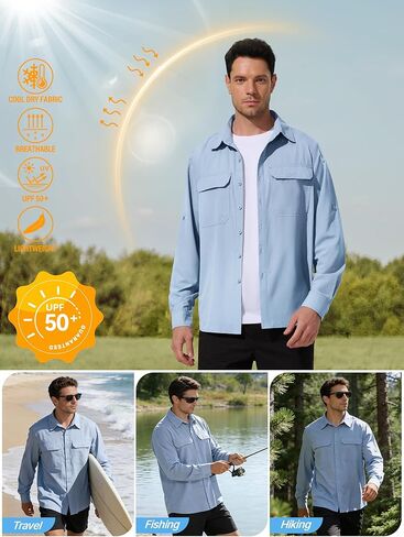 Mens UPF 50+ UV Sun Protection Fishing Shirts PFG Shirts Quick Dry Cooling Roll-Up Sleeves Button Down Shirts in Kuwait