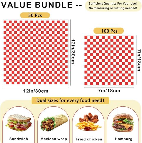 150 قطعة من أوراق ديلي المربعة، 50 ورقة شمع للطعام مقاس 12 × 12 بوصة وبطانات الساندويتشات مقاس 7 × 7 بوصة، بطانات سلة الطعام للبرجر والحفلات والخارجية in Kuwait