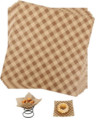 100pcs Waxed Deli Paper Sheets, 12x12in Greaseproof Food Basket Wrapping Liners Brown Checkered Sandwich & Burger Parchment Wraps Tray Liners for Serving Food Picnics Restaurants in Saudi Arabia