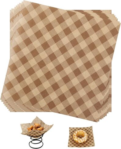 100pcs Waxed Deli Paper Sheets, 12x12in Greaseproof Food Basket Wrapping Liners Brown Checkered Sandwich & Burger Parchment Wraps Tray Liners for Serving Food Picnics Restaurants in Saudi Arabia