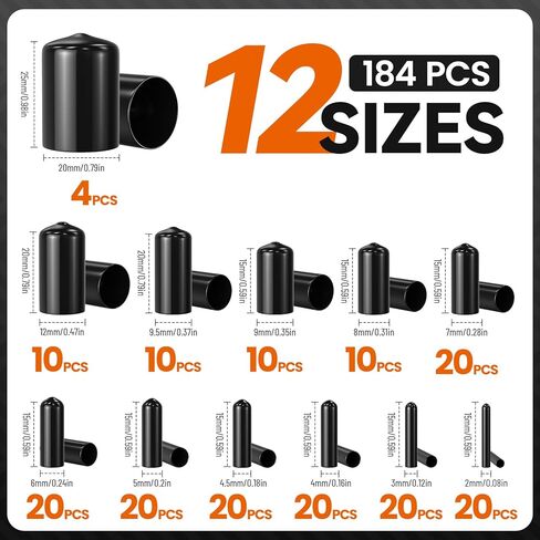 HNYYZL 184Pcs Black Round Vinyl Rubber End Caps - Durable Bolt & Screw Covers (2/25" to 4/5") for Protection and Aesthetics in Kuwait