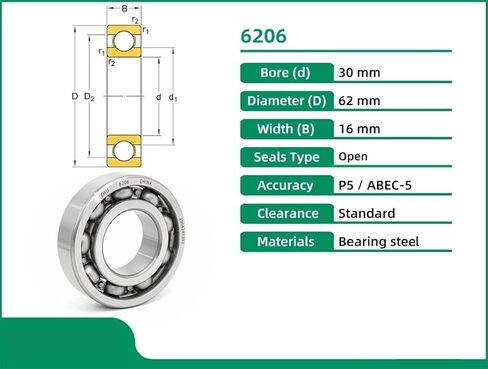 6206 P5 30X62X16 Bearing ABEC-5 Open Single Row Deep Groove Ball Bearings Metric Steel Cage 1Pcs in Kuwait