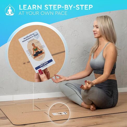 Natural Cork Yoga Mat with Alignment Lines and 55 Instructional Cards in 7 Themes for Beginner - Non-Slip Eco Friendly - 183x66x5mm for Home Workouts, Balance & Precision in Saudi Arabia